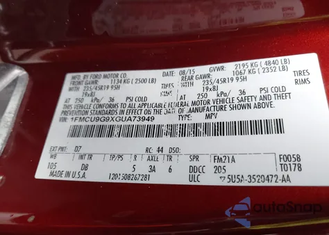 2016 Ford Escape Se from USA, damaged, VIN 1FMCU9G9XGUA73949